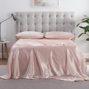 serta satinluxury 4pc soft lightweight deep pocket bedding silky satin sheet set with pillowcases, queen, blush pink