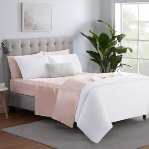 Serta SatinLuxury 4pc Soft Lightweight Deep Pocket Bedding Silky Satin Sheet Set with Pillowcases, Queen, Blush Pink