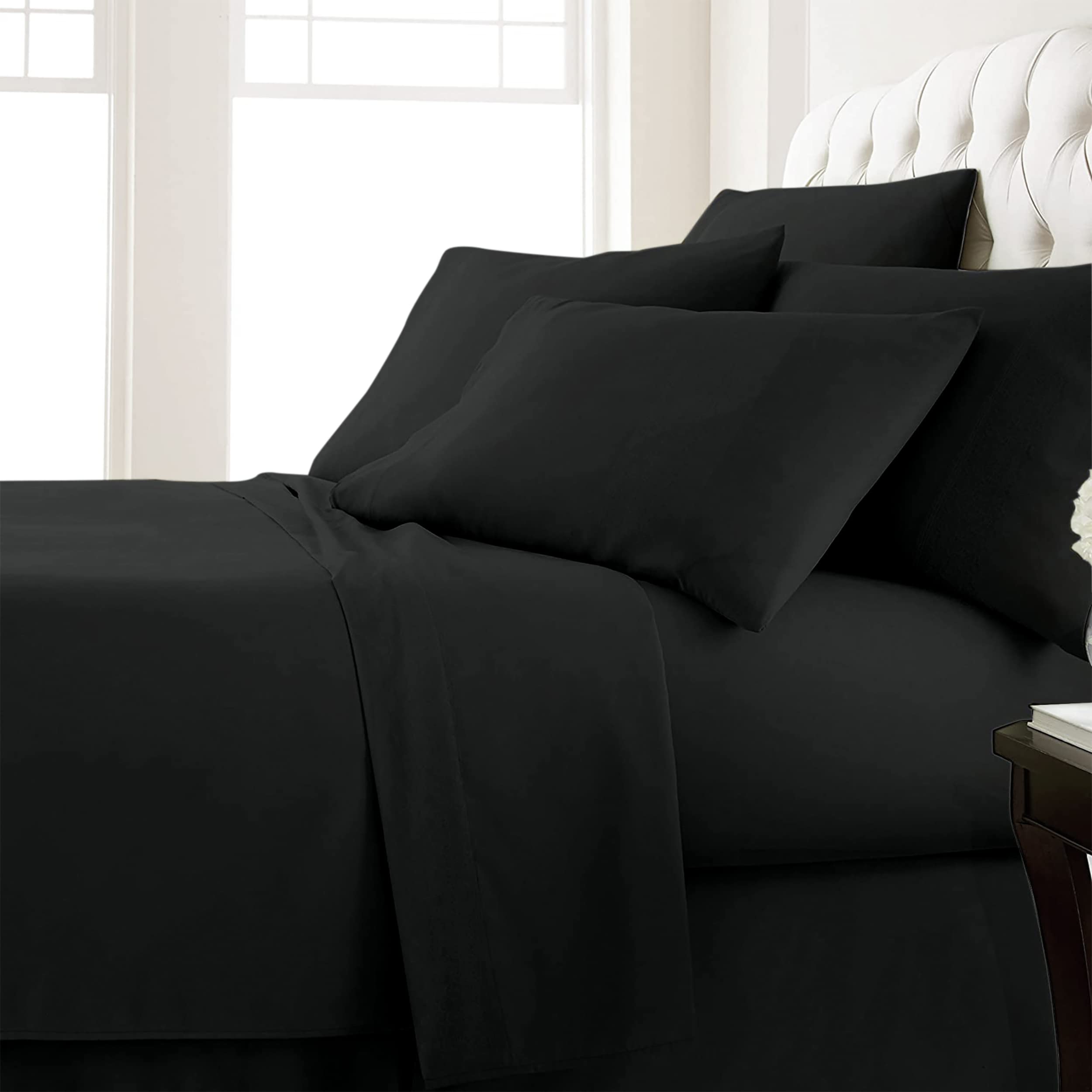 Raymond Waites 4 Piece Sheet Set, Cotton Rich, 400-Thread Count, Black, Queen Sheet Set