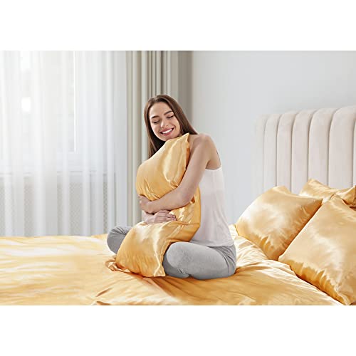 Madison Park Essentials Satin Sheets Queen Size, Luxurious Silky Satin Bed Sheets, Elastic 14" Pocket fits up to 16" Mattress, Wrinkle-Free, Soft Satin Bed Sheet Set, Gold 6 Piece