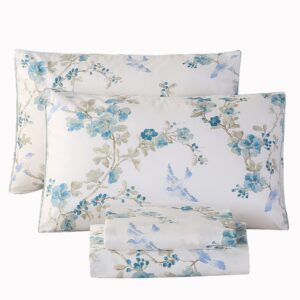 rynghipy flowers and birds sheet sets queen size, botanical floral egyptian cotton bedding sheets, shabby cotton sheets with pillowcases extra breathable 4pcs (cyan,queen size)