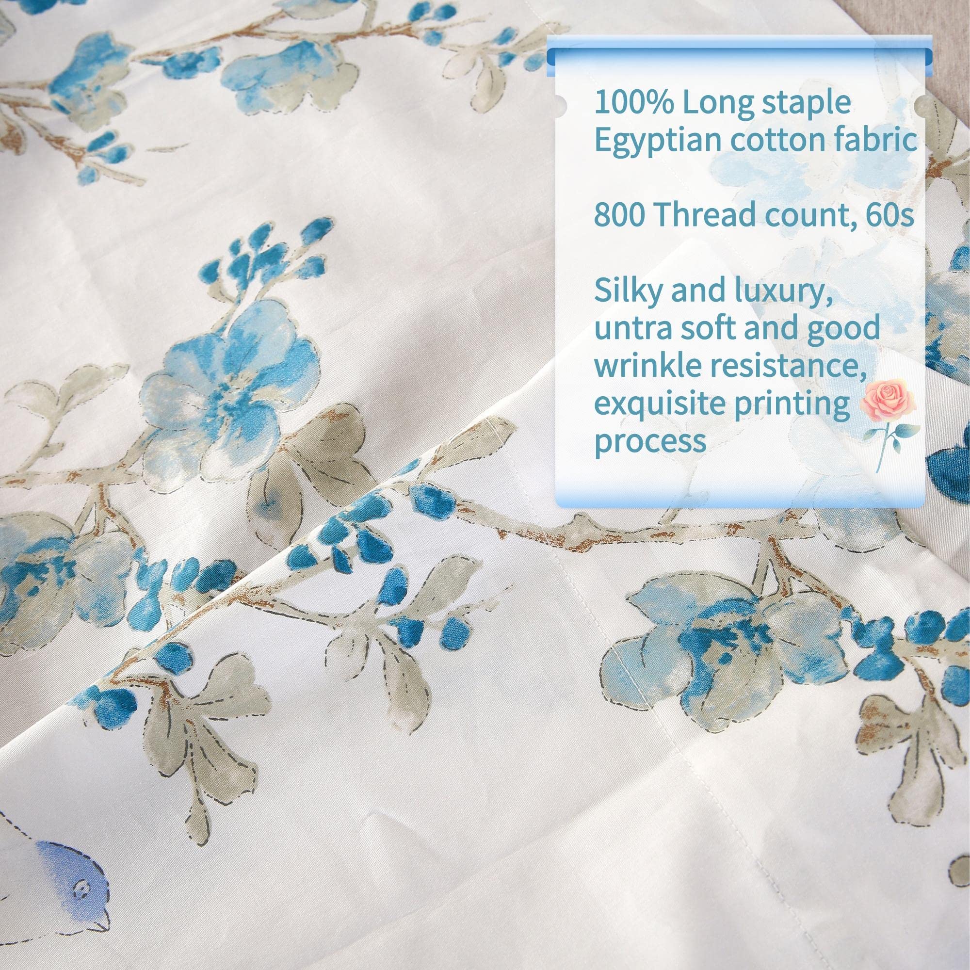 RYNGHIPY Flowers and Birds Sheet Sets Queen Size, Botanical Floral Egyptian Cotton Bedding Sheets, Shabby Cotton Sheets with Pillowcases Extra Breathable 4Pcs (Cyan,Queen Size)