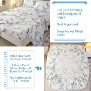 RYNGHIPY Flowers and Birds Sheet Sets Queen Size, Botanical Floral Egyptian Cotton Bedding Sheets, Shabby Cotton Sheets with Pillowcases Extra Breathable 4Pcs (Cyan,Queen Size)