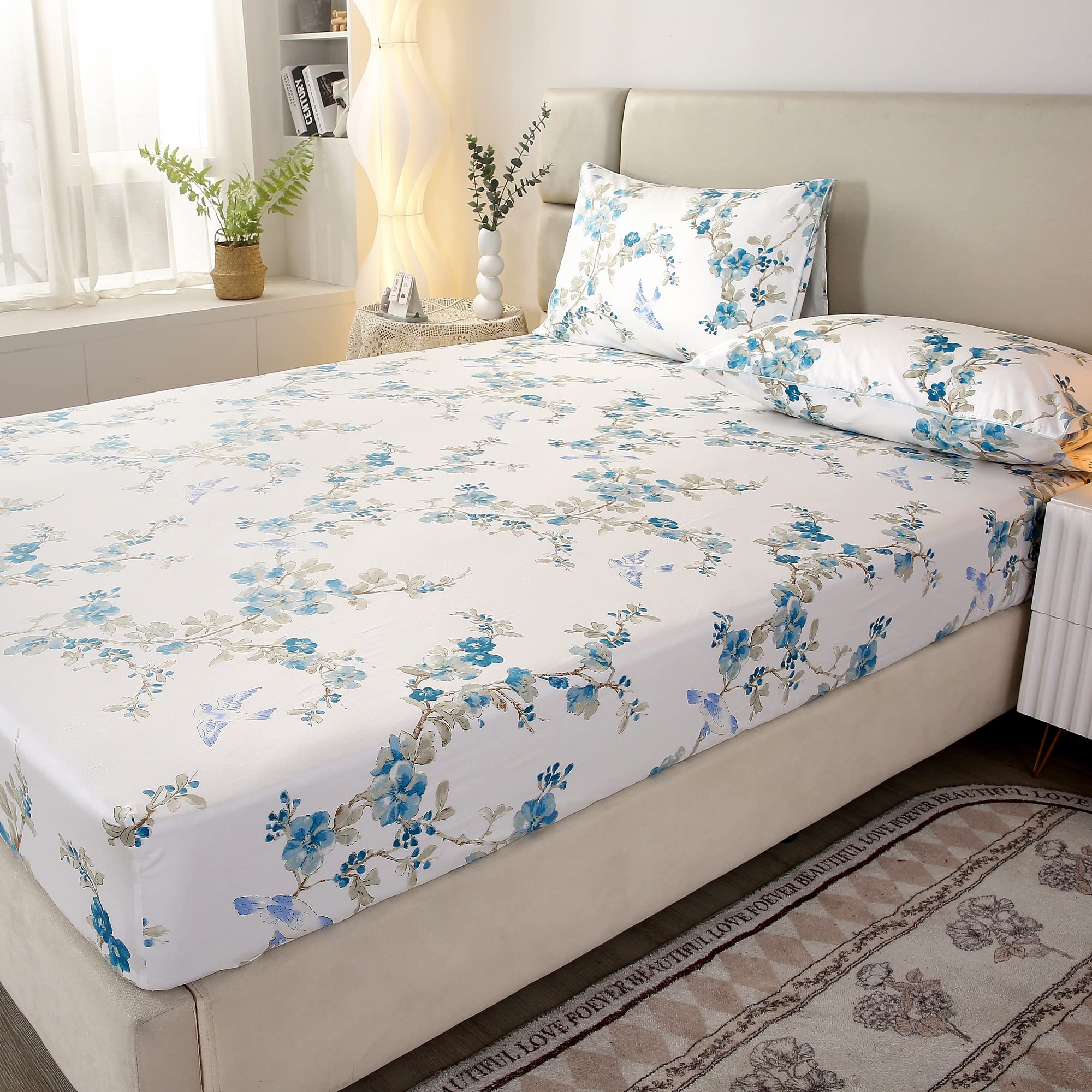 RYNGHIPY Flowers and Birds Sheet Sets Queen Size, Botanical Floral Egyptian Cotton Bedding Sheets, Shabby Cotton Sheets with Pillowcases Extra Breathable 4Pcs (Cyan,Queen Size)