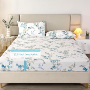 RYNGHIPY Flowers and Birds Sheet Sets Queen Size, Botanical Floral Egyptian Cotton Bedding Sheets, Shabby Cotton Sheets with Pillowcases Extra Breathable 4Pcs (Cyan,Queen Size)