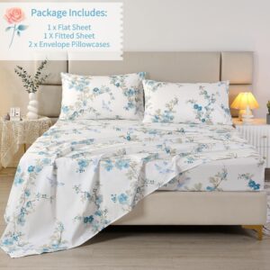 RYNGHIPY Flowers and Birds Sheet Sets Queen Size, Botanical Floral Egyptian Cotton Bedding Sheets, Shabby Cotton Sheets with Pillowcases Extra Breathable 4Pcs (Cyan,Queen Size)