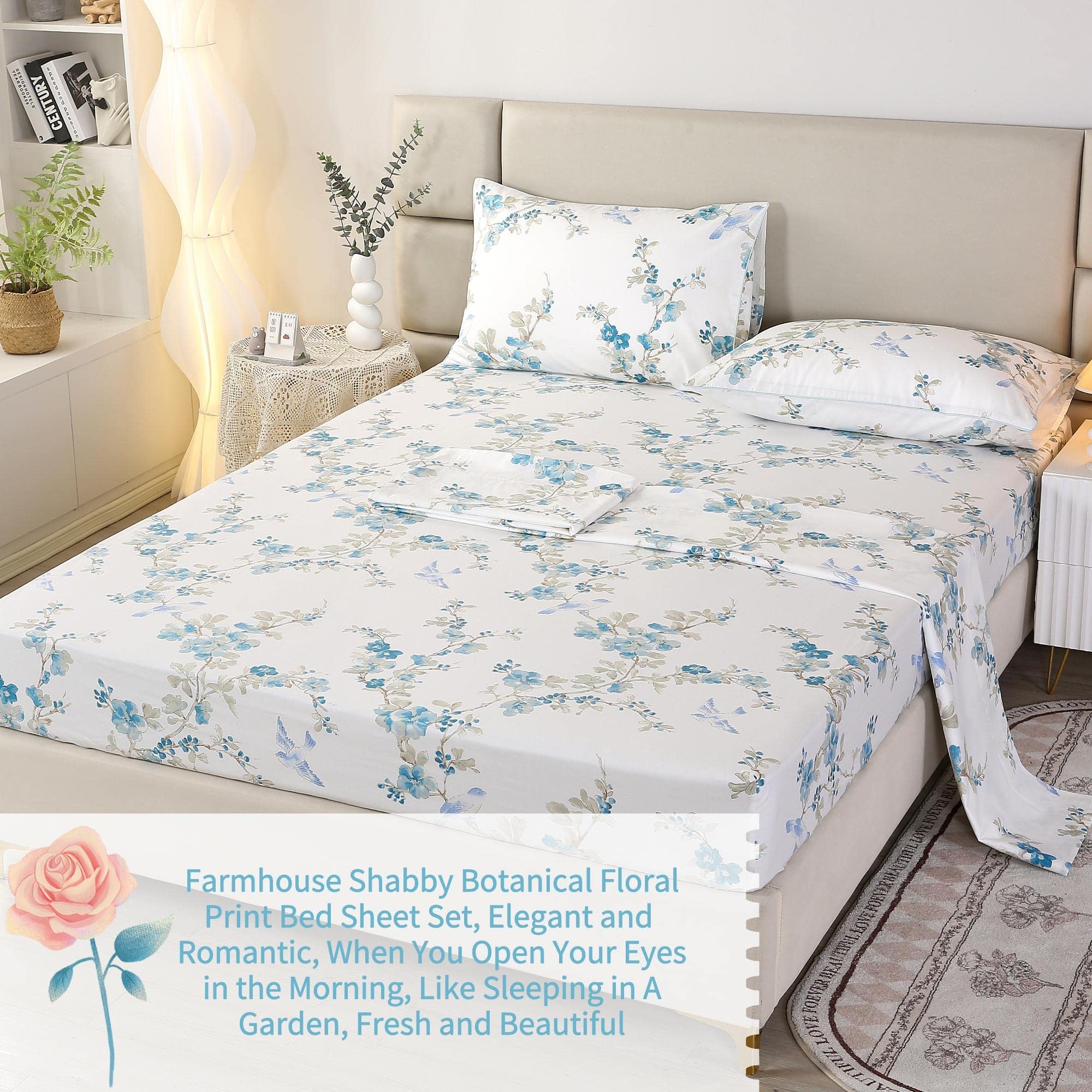 RYNGHIPY Flowers and Birds Sheet Sets Queen Size, Botanical Floral Egyptian Cotton Bedding Sheets, Shabby Cotton Sheets with Pillowcases Extra Breathable 4Pcs (Cyan,Queen Size)