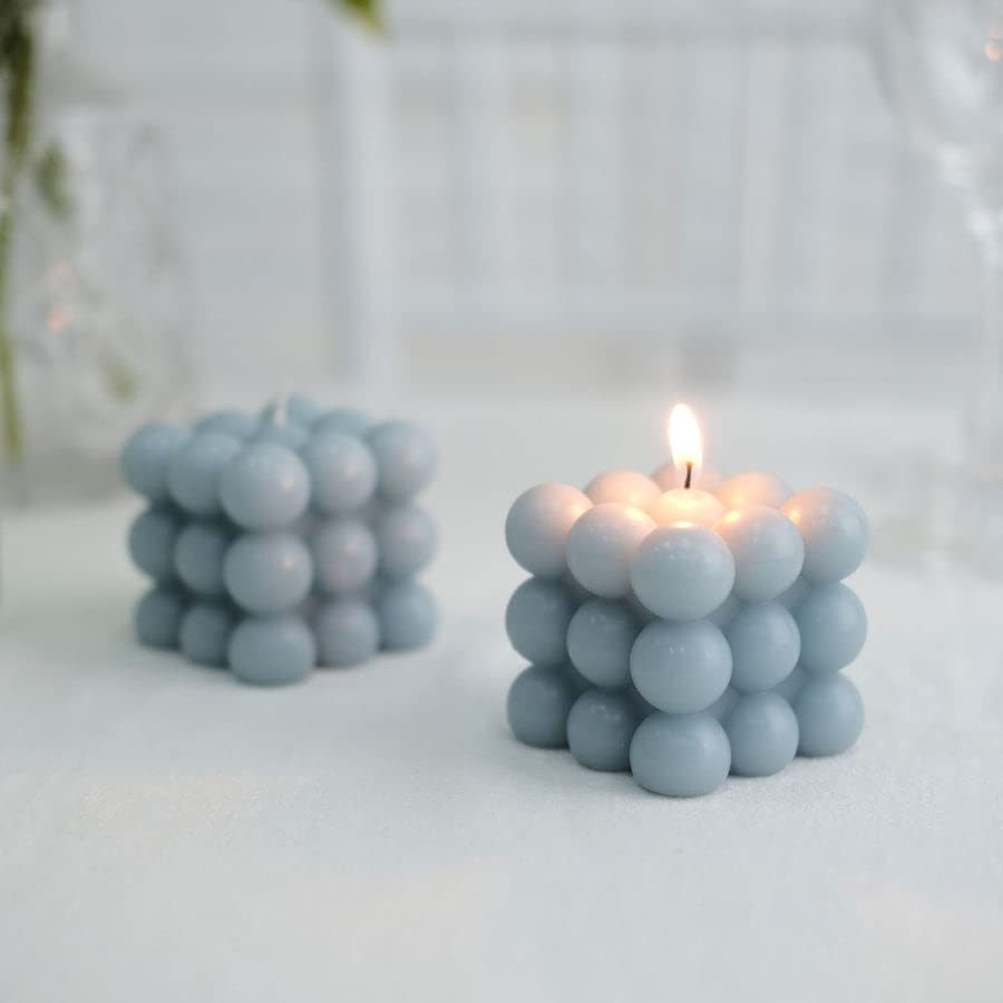 TABLECLOTHSFACTORY 2 Pack | Dusty Blue 2" Bubble Cube Paraffin Wax Candles, Unscented Square Pillar Candle, Party Favor Gift