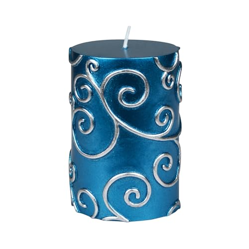 Zest Candle Pillar Candles, 3 by 4-Inch, Blue Scroll