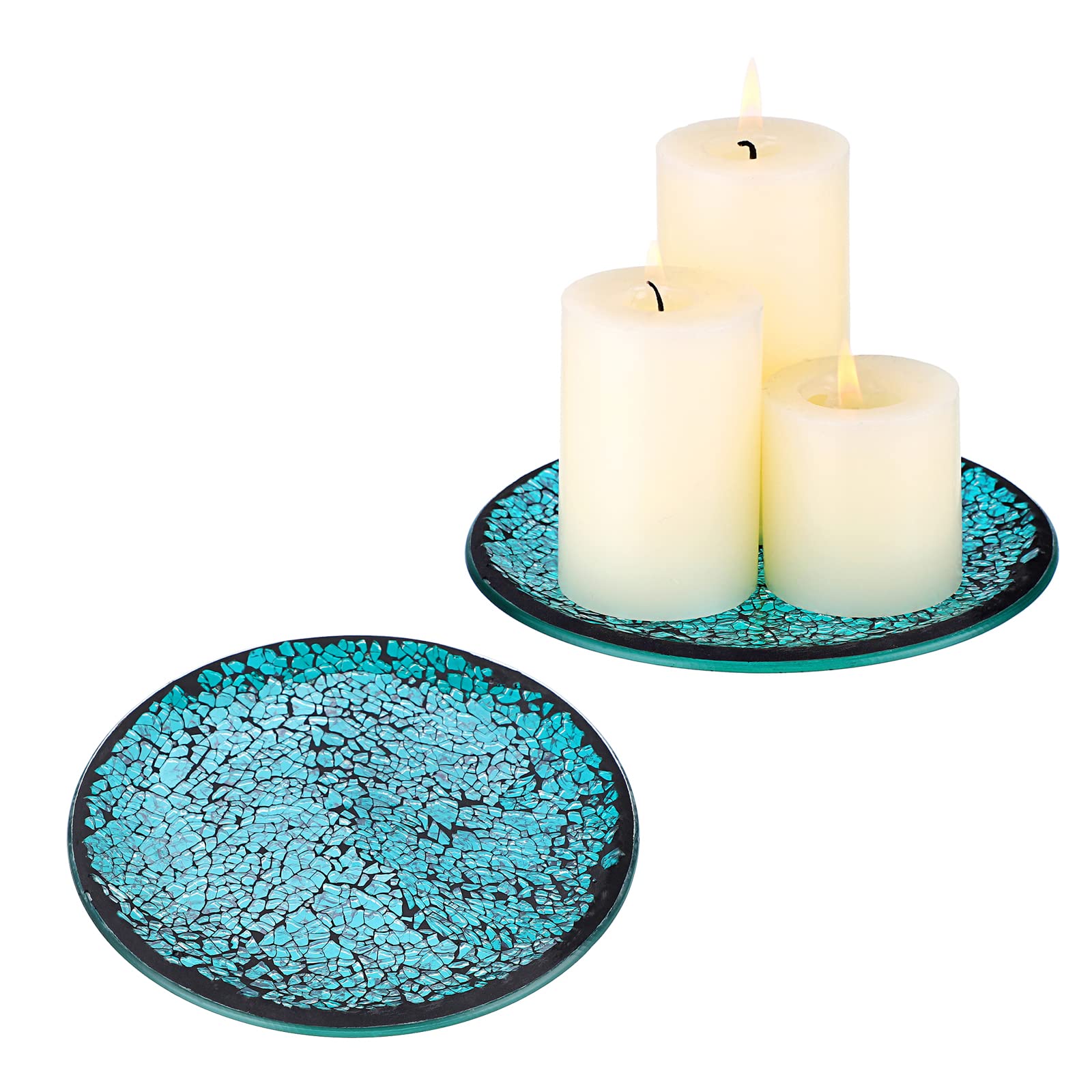 OwnMy 2PCS Mosaic Glass Candle Plates 6 Inch Pillar Candle Holders Plates, Glass Round Candle Plates and Trays Glass Mosaic Candle Coasters Decorative Glass Pillar Candle Stands Candle Bases, Blue