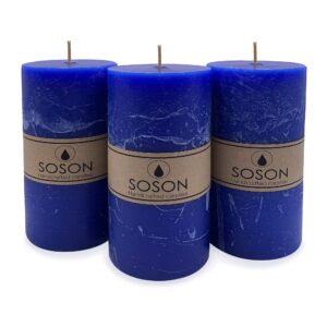 simply soson blue rustic texture pillar candles 3x6 inch - set of 3 - unscented decorative blue candles, no drip candles, ideal as large candles for home decor, weddings, holidays