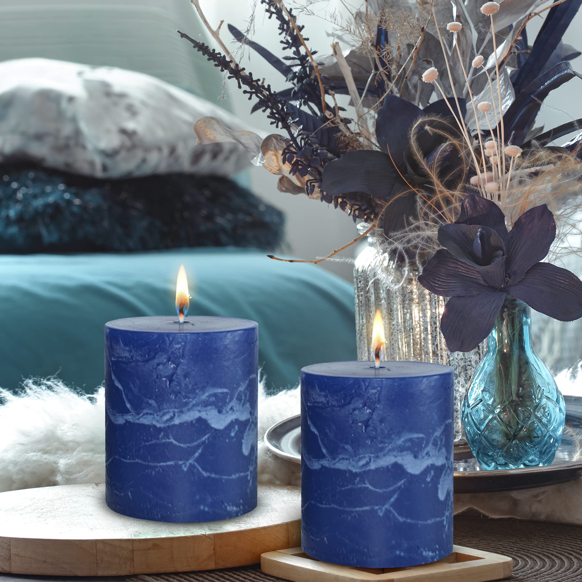 Simply Soson Blue Rustic Texture Pillar Candles 3x6 inch - Set of 3 - Unscented Decorative Blue Candles, No drip Candles, Ideal as Large Candles for Home Decor, Weddings, Holidays