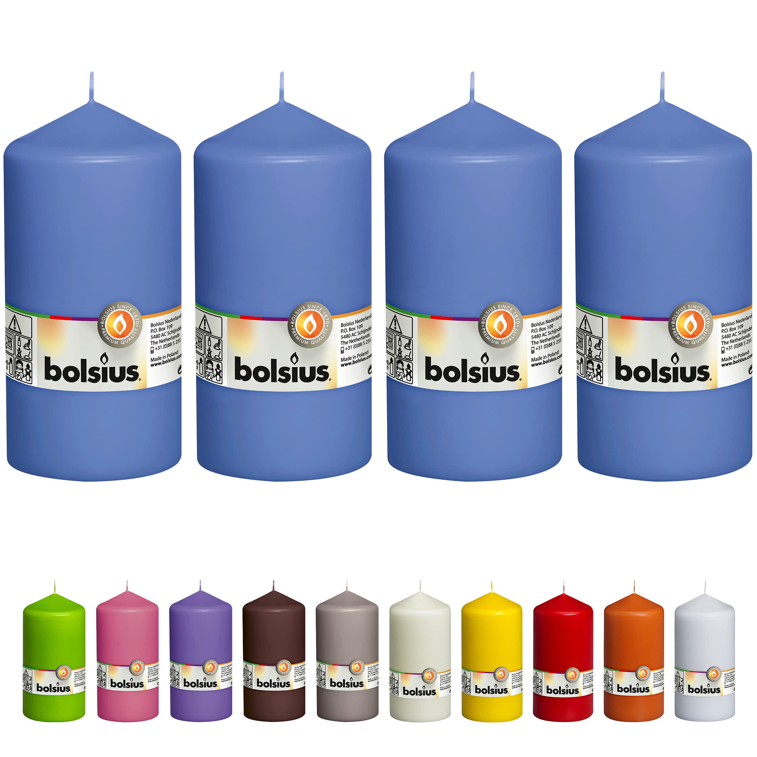 BOLSIUS 4 Blue Pillar Candles - 3x6 Inches - Individually Wrapped - Premium European Quality - 65+ Burn Hours - Dripless & Smokeless Smooth Flame - Unscented Dinner, Wedding, Party, & Décor Candles