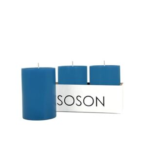 simply soson steel blue pillar candles 3x4 inch - set of 3 - unscented decorative blue candles, no drip candles, ideal as large candles for home decor, weddings, holidays