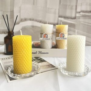 Lacaser Beeswax Pillar Candles Set of 2, 2"x4" Honey Candles, Unscented & Dripless & Smokeless, 7 Hours Burn Time Each, White