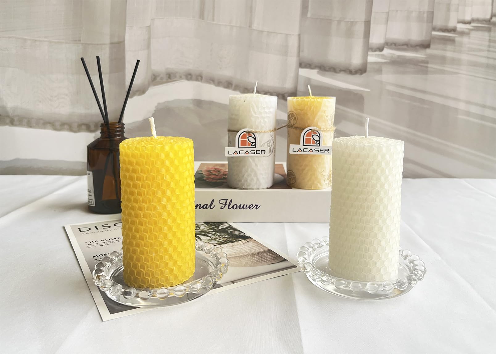 Lacaser Beeswax Pillar Candles Set of 2, 2"x4" Honey Candles, Unscented & Dripless & Smokeless, 7 Hours Burn Time Each, White