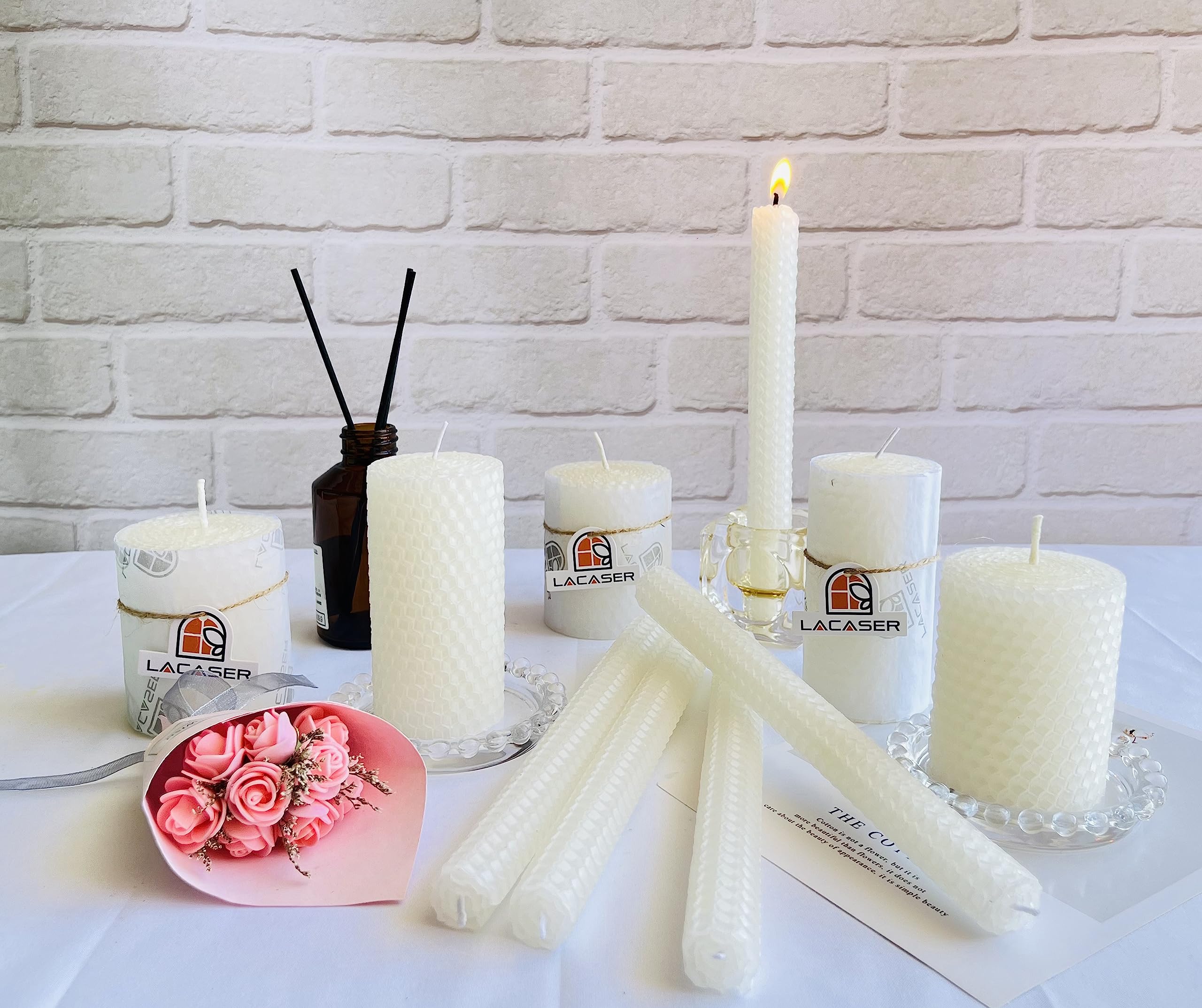 Lacaser Beeswax Pillar Candles Set of 2, 2"x4" Honey Candles, Unscented & Dripless & Smokeless, 7 Hours Burn Time Each, White