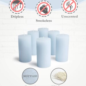 Mottled Pillar Candles by Bask - Set of 6-3" x 6" Dripless Unscented Candles in Light Blue for Home Decor, Relaxation & All Occasions