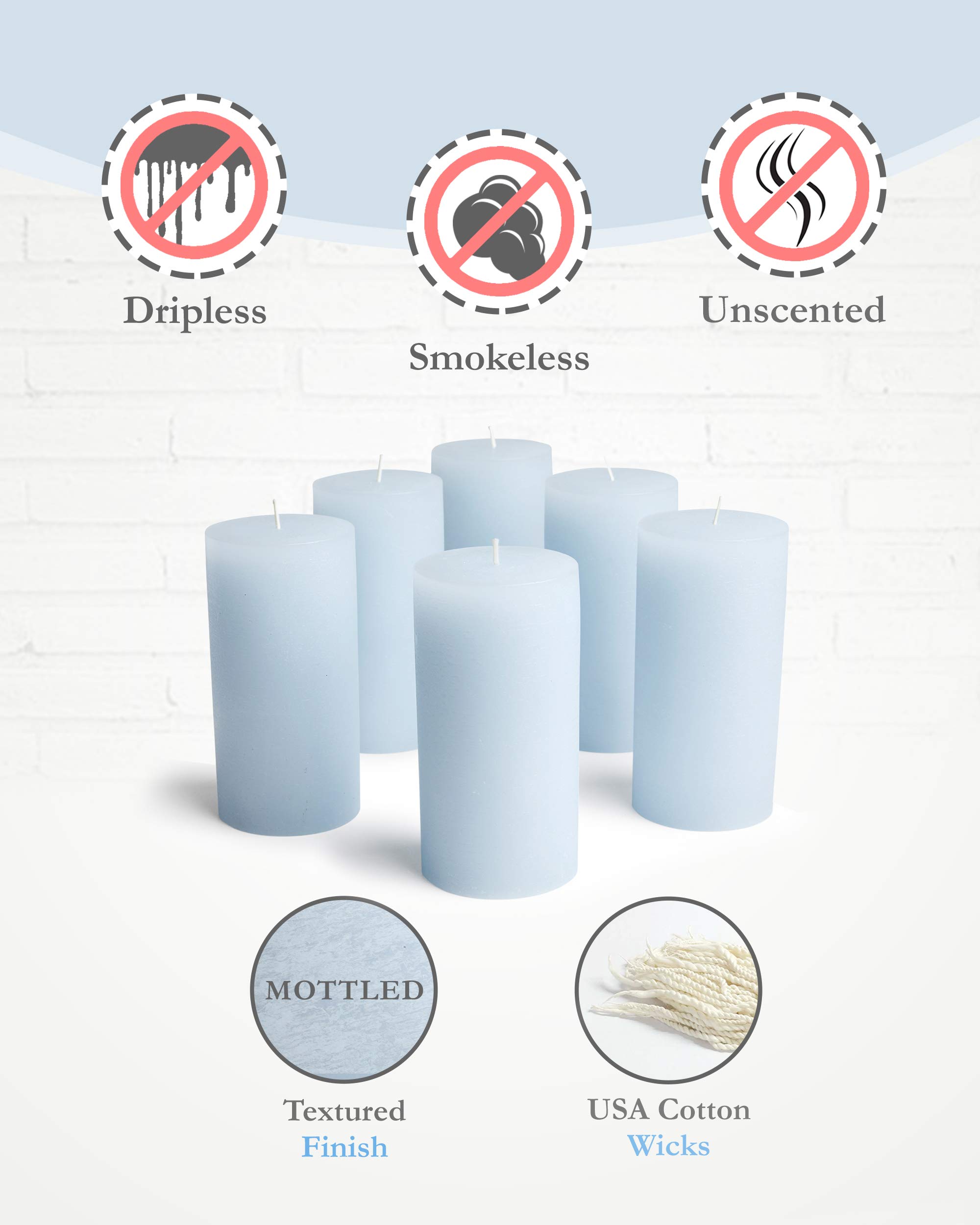 Mottled Pillar Candles by Bask - Set of 6-3" x 6" Dripless Unscented Candles in Light Blue for Home Decor, Relaxation & All Occasions