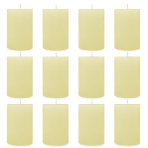 Beige Pillar Candles 2x3 Inch Yellowish Unscented Dripless 24 Hour Cylinder Candles for Dinner Tables, Wedding, Party, Home, 12 Packs