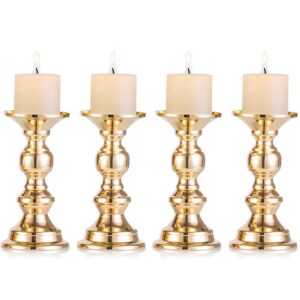 Set of 4 Gold Metal Pillar Candle Holders, Wedding Centerpieces Candlestick Holders for 2 inches Candles Stand Decoration Ideal for Weddings, Special Events, Parties