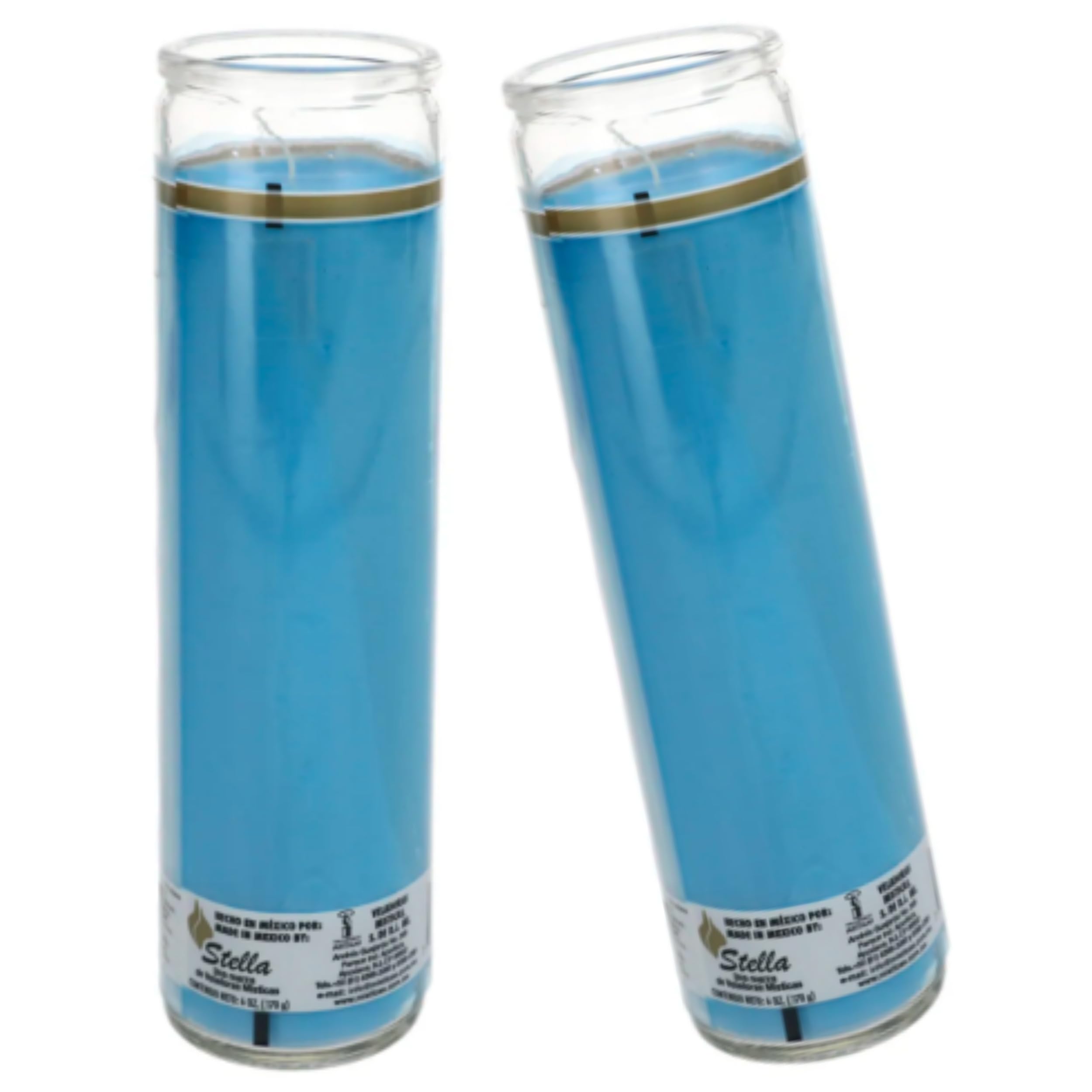 Jar Candles - Wax Candle Set (2 Pc) New Baby Blue Religous Pillars - Unscented Glass Pillar Candle Sets -Indoor Outdoor - Spiritual Church Party Boy Showers - Prayer Candles