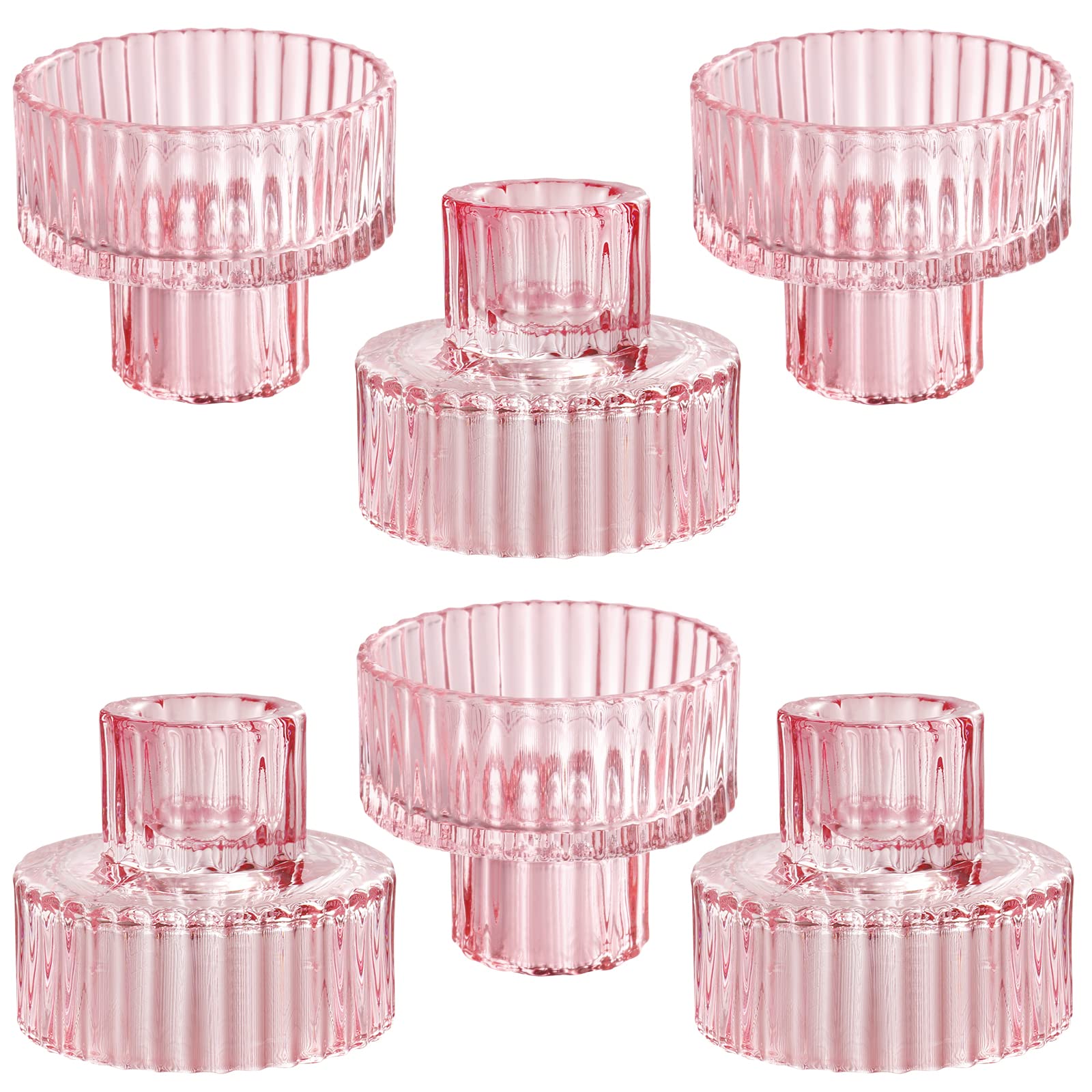 IYOUYA Pink Glass Candle Holders 6PCS for Pillar Candles, Taper Candles, Tealight Candles,Candlestick Holders for Wedding, Festival, Dinning&Party