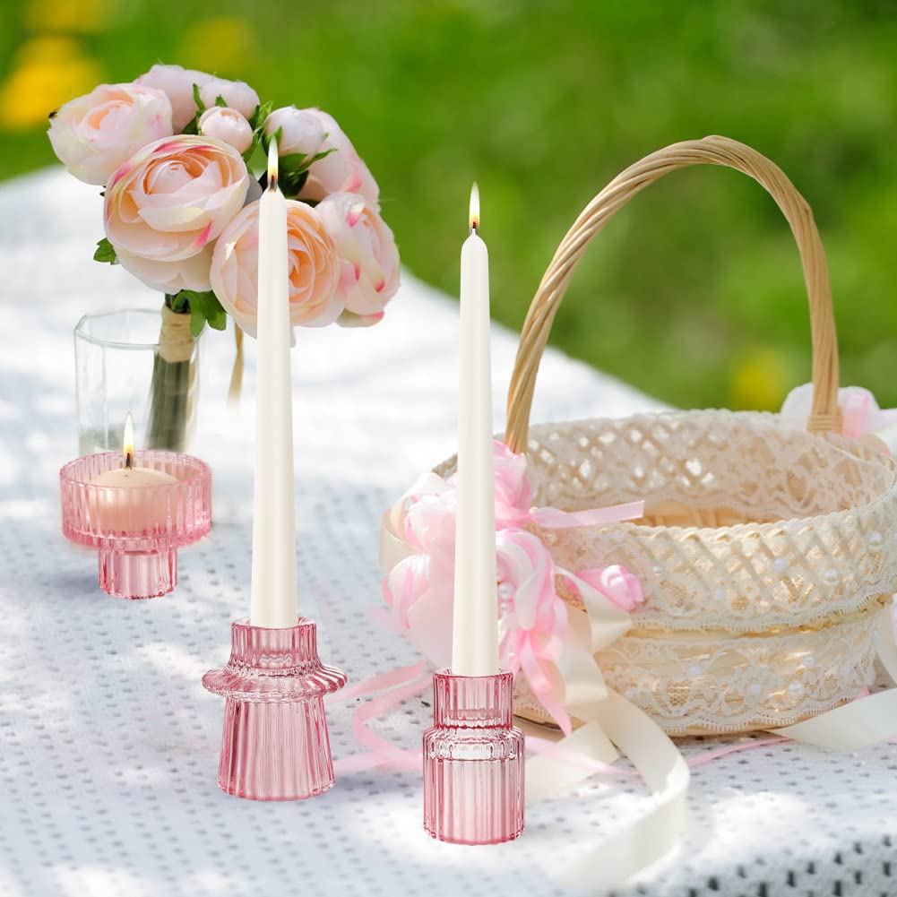 IYOUYA Pink Glass Candle Holders 6PCS for Pillar Candles, Taper Candles, Tealight Candles,Candlestick Holders for Wedding, Festival, Dinning&Party