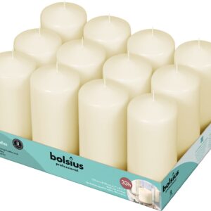 BOLSIUS Set of 12 Ivory Pillar Candles - 2.25-x 4.75 Inch Unscented Dripless Clean Burning Dinner Candle -Wedding Parties Special Occasions