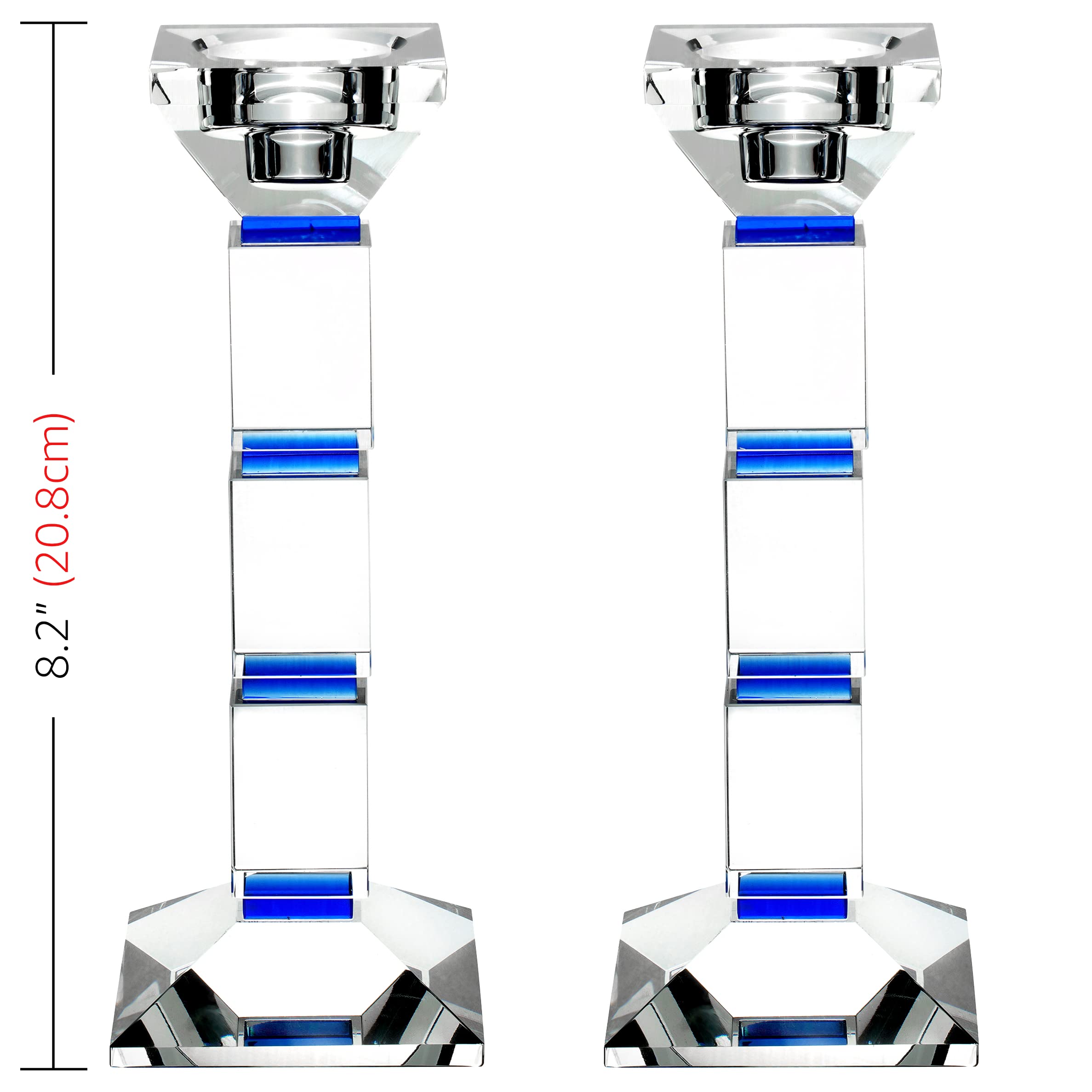 Crystal Candle Holders Set of 2-8" Tall Candlestick holder for Taper Candles and Tea Light Candles (Blue)