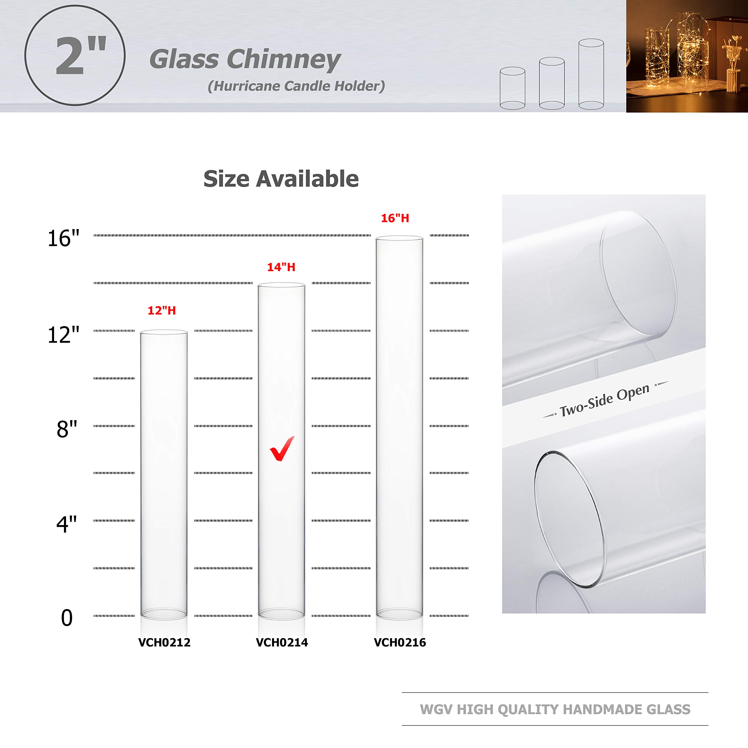 WGVI Hurricane Candle Holder Sleeve, Wide 2", Height 14", Clear Glass Cylinder Open Both Ends, Chimney Tube, Open Ended Candle Shade, 1 Piece