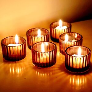 voho amber tealight candle holder set of 12, 2'' x 1.4'' glass brown small votive candle holders home decoration, clear tealight candles holder for table centerpieces and wedding decor