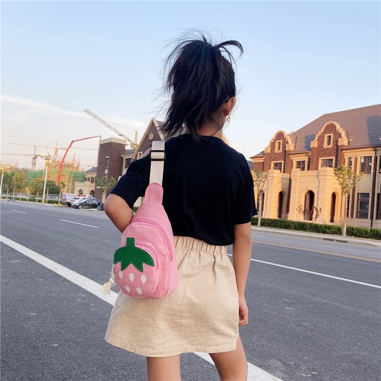 Hiflyer Pink Strawberry Sling Backpack, Small Backpack for Girls, Kawaii Bag, Lightweight Canvas, Adjustable Shoulder Strap, Zipper, 8x5x2 inches