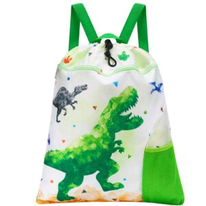 wawsam dinosaur kids drawstring backpack - waterproof string backpack gym bag for boys portable lightweight backpack sport beach travel swim sackpack with zipper pocket water bottle pocket