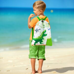 WAWSAM Dinosaur Kids Drawstring Backpack - Waterproof String Backpack Gym Bag for Boys Portable Lightweight Backpack Sport Beach Travel Swim Sackpack with Zipper Pocket Water Bottle Pocket