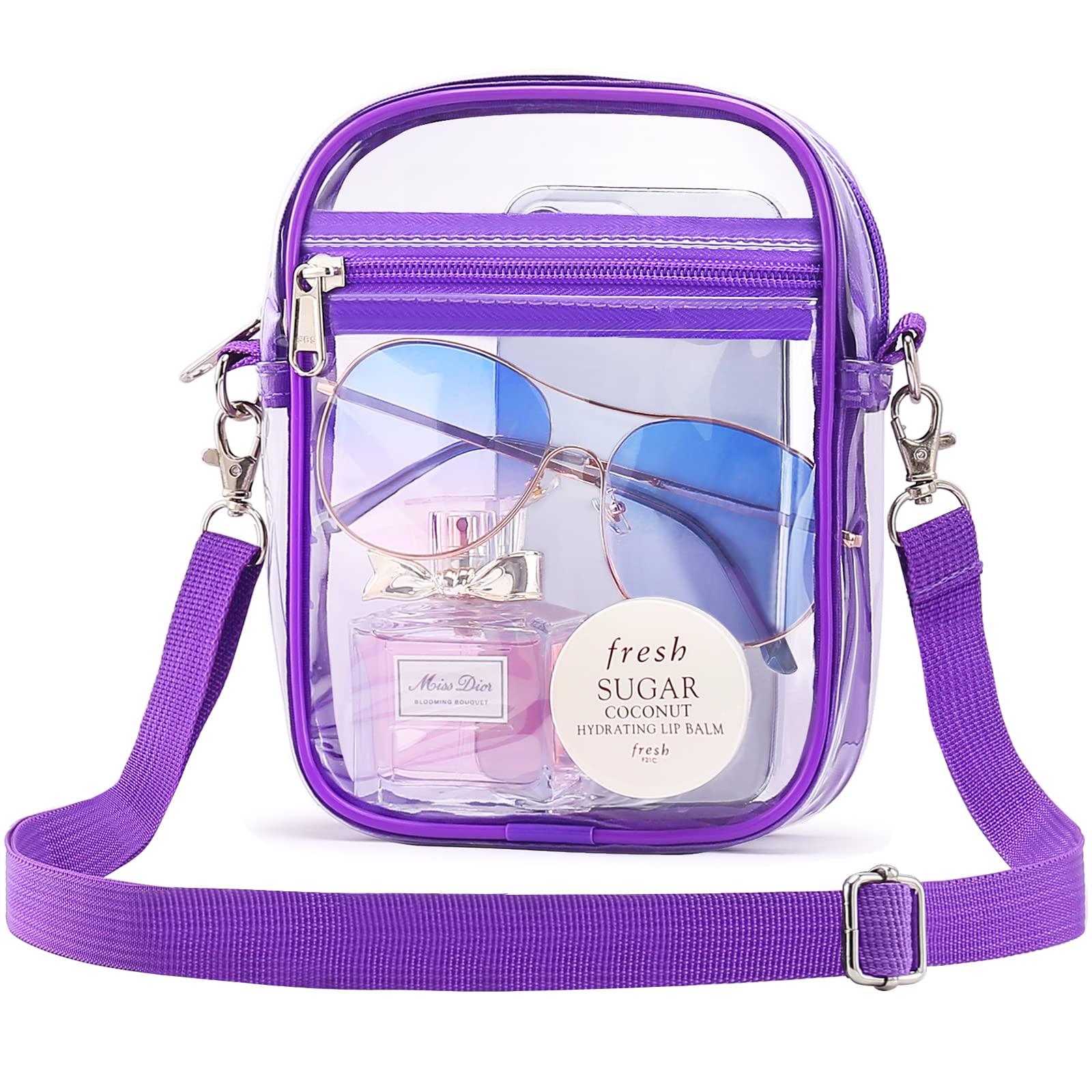 Mossio Clear Crossbody Bag Stadium Approved, Transparent Messenger Shoulder Bag for Concert, Beach, Travel & Sporting Purple