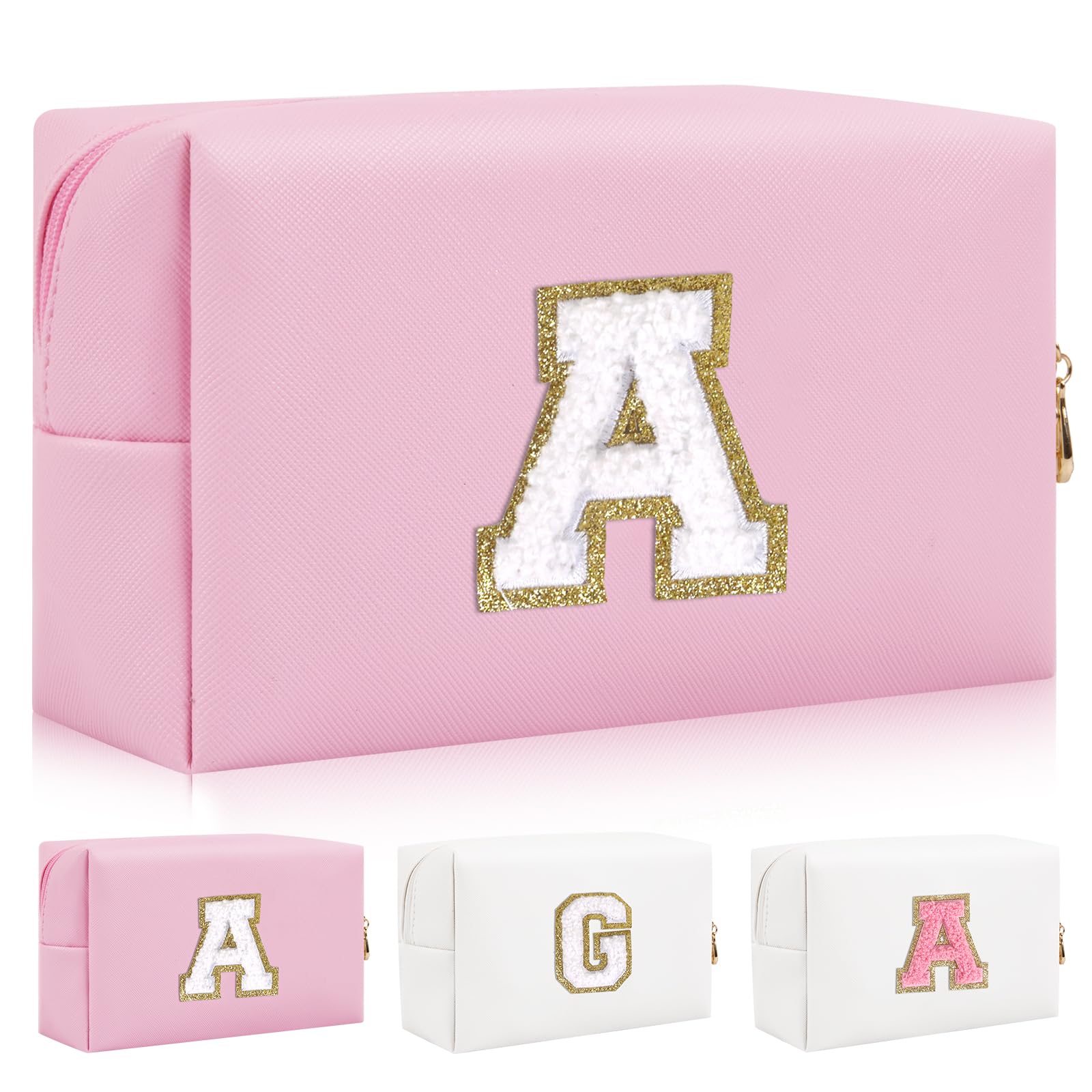 Personalized Initial Letter Patch Makeup Bag, Preppy Portable Chenille Letter Cosmetic Bag with Zipper, PU Leather Waterproof Travel Toiletry Bag Monogram Make Up Pouch for Women Girls(Letter A)