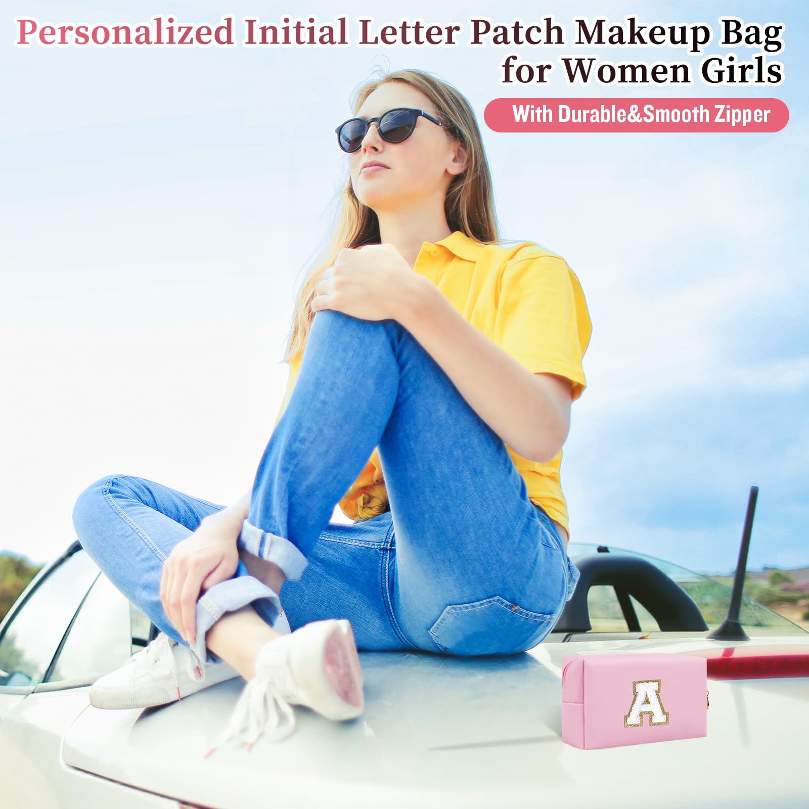 Personalized Initial Letter Patch Makeup Bag, Preppy Portable Chenille Letter Cosmetic Bag with Zipper, PU Leather Waterproof Travel Toiletry Bag Monogram Make Up Pouch for Women Girls(Letter A)