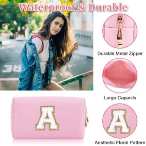 Personalized Initial Letter Patch Makeup Bag, Preppy Portable Chenille Letter Cosmetic Bag with Zipper, PU Leather Waterproof Travel Toiletry Bag Monogram Make Up Pouch for Women Girls(Letter A)