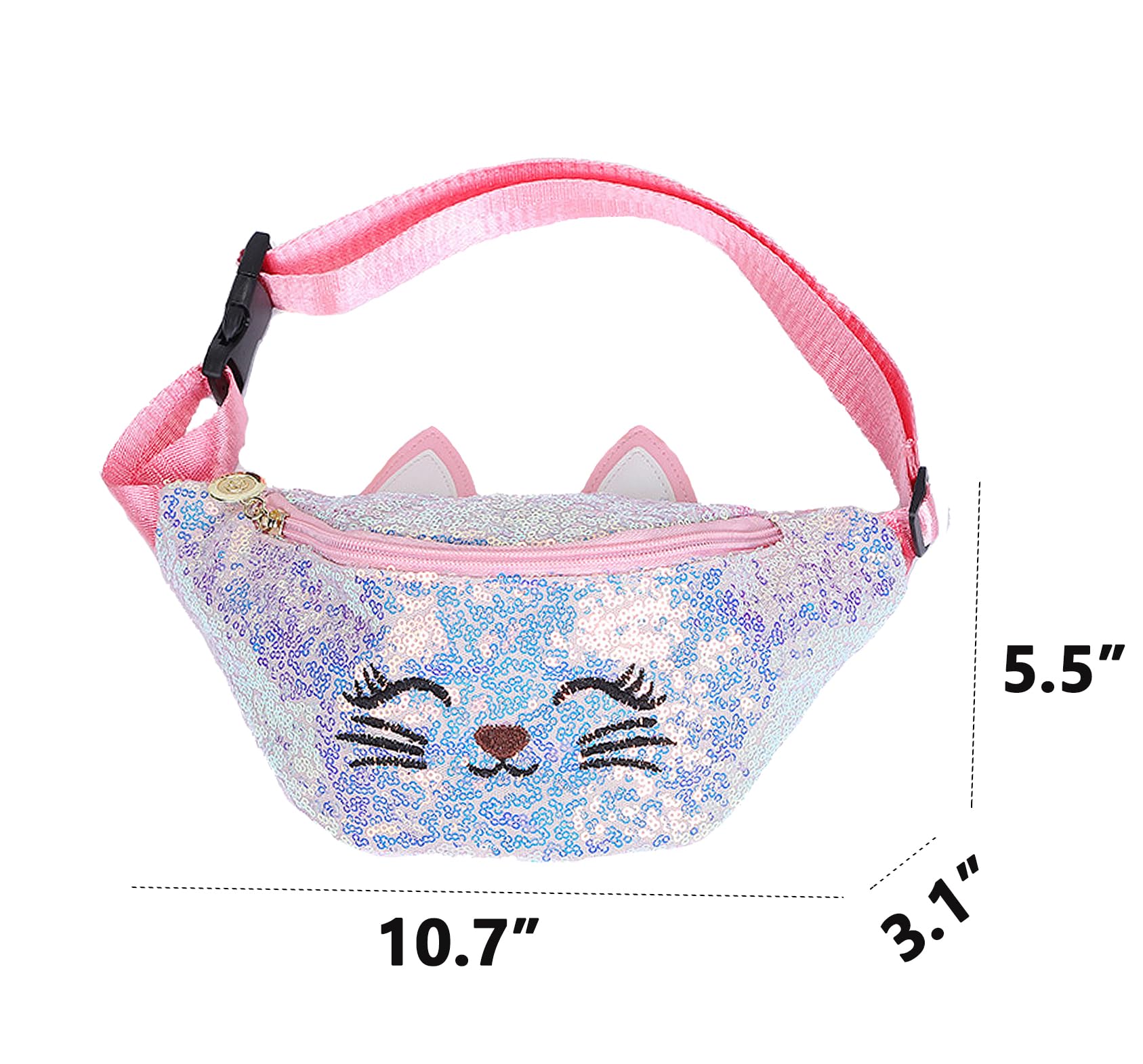 BIBDOO Kids Fanny Pack for Girls Shiny Waist Bag Cat Gift with Pom Pom