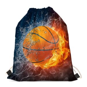 COEQINE Novelty Burning Basketball Printed Drawstring Backpack for Sports Gym Beach for Boys Teen Tote Bag for Hiking Travel Outdoor Sport Bag