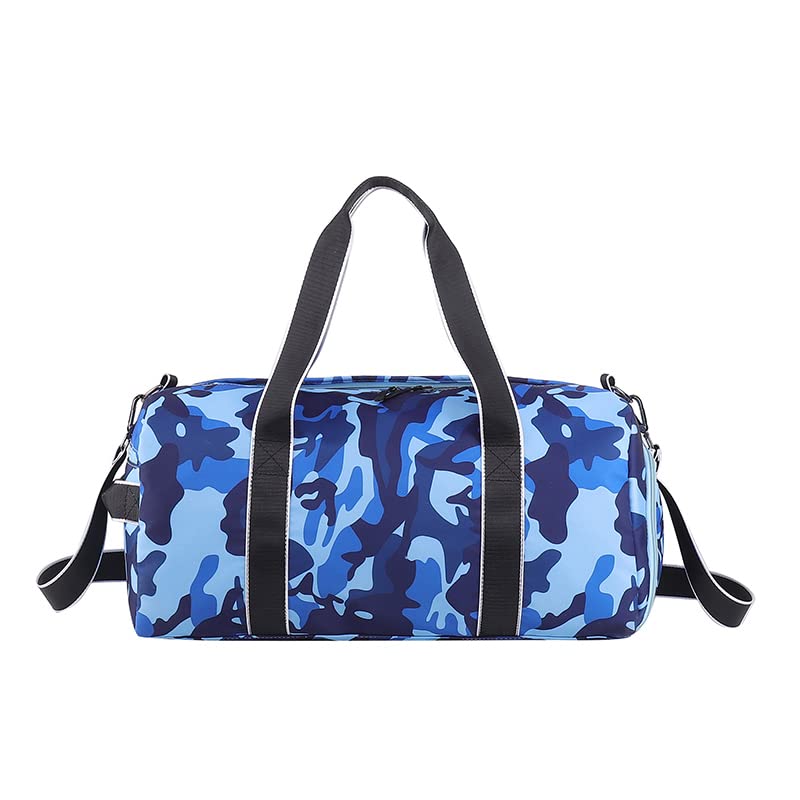 mezhsa Kids Overnight Duffle Bag Girls Boys Sports Gym Bag with Shoe Compartment Wet Pocket Camouflage travel bag (Blue)