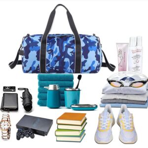 mezhsa Kids Overnight Duffle Bag Girls Boys Sports Gym Bag with Shoe Compartment Wet Pocket Camouflage travel bag (Blue)