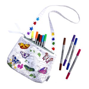 eatsleepdoodle butterfly coloring crossbody bag for kids w/ 10pk washable markers for kids - 8.5x7in kids coloring crossbody bag