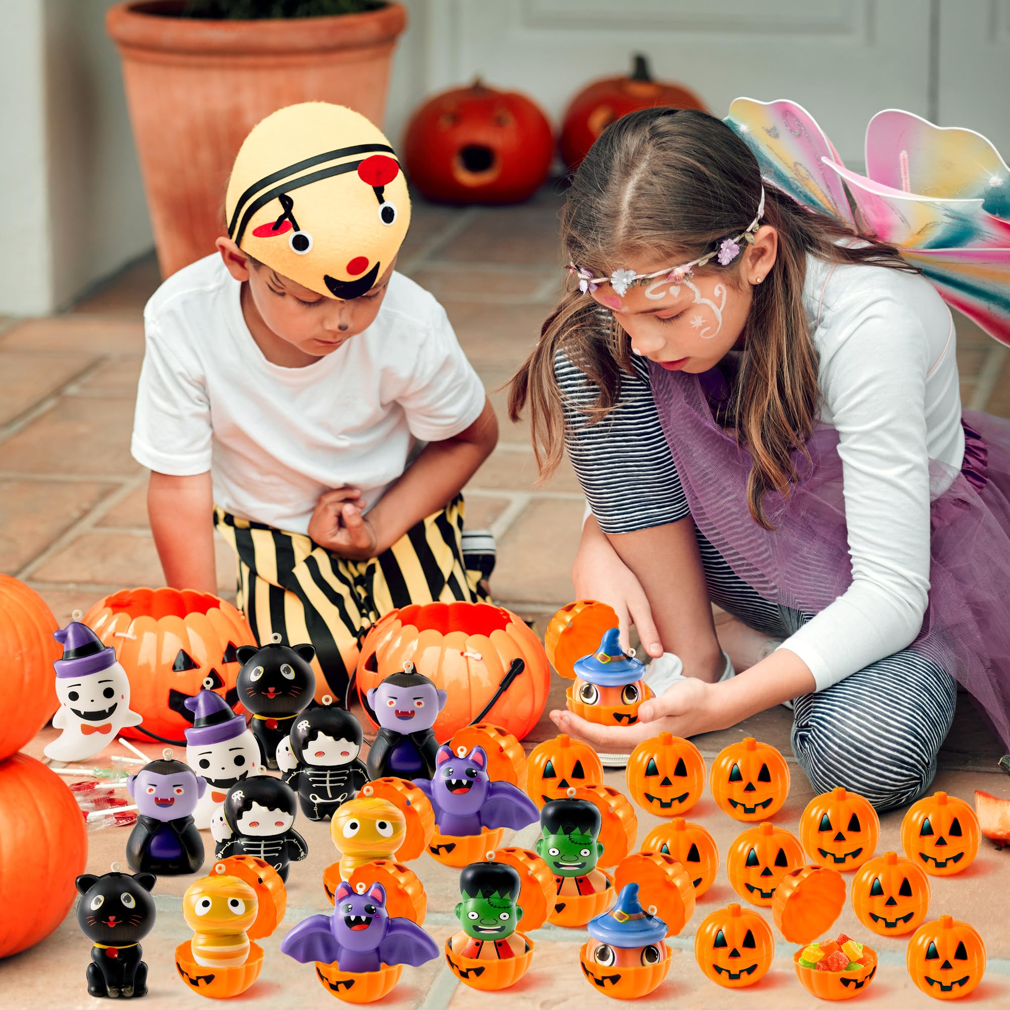 OSNIE 32Pcs Halloween Pumpkin Jars with Squeeze Toys for Kids, Halloween Slow Rising Squishy Stress Relief Soft Toy Trick and Treat Prizes Classroom Rewards School Treasure Party Favors Treat Bag Gift