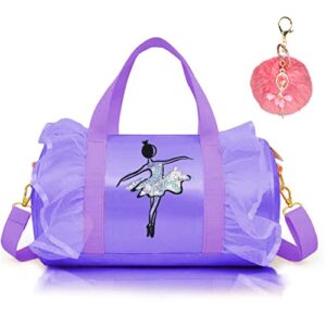 cute ballet dance bag kids tutu dress bag girls dance bag polyester personalized waterproof gym bag with key chain cute plush hanging pink ball(purple2)