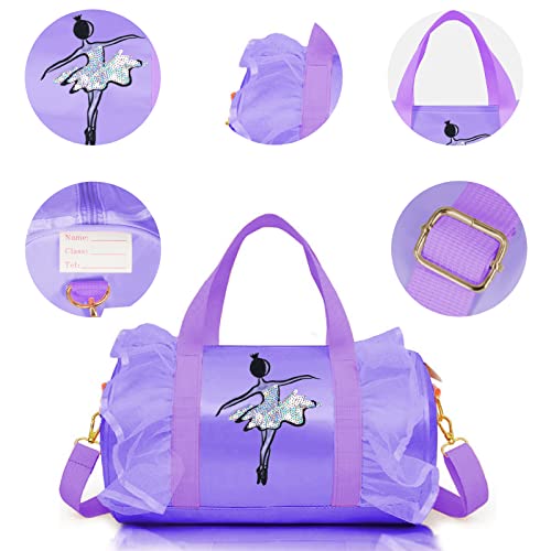 Cute Ballet Dance Bag Kids Tutu Dress Bag Girls Dance Bag Polyester Personalized Waterproof Gym Bag with Key Chain Cute Plush Hanging Pink ball(Purple2)