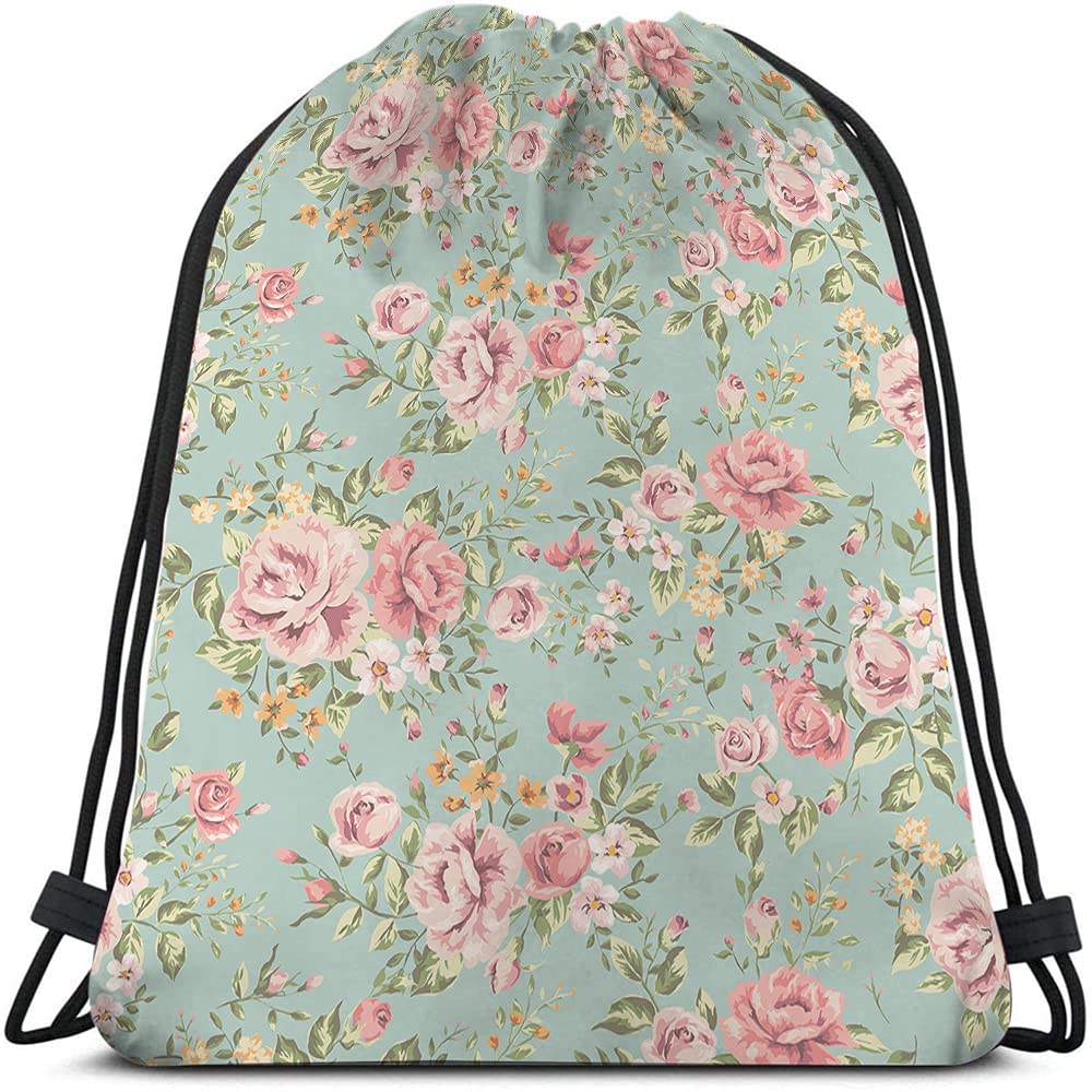 Beabes Pink Flowers Drawstring Bags Backpack Bag Vintage Floral Design Retro Blooming Summer Rose Peony Romantic Sport Gym Sack Drawstring Bag String Bag Yoga Bag for Men Women