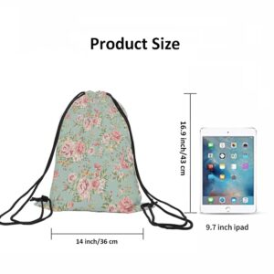 Beabes Pink Flowers Drawstring Bags Backpack Bag Vintage Floral Design Retro Blooming Summer Rose Peony Romantic Sport Gym Sack Drawstring Bag String Bag Yoga Bag for Men Women