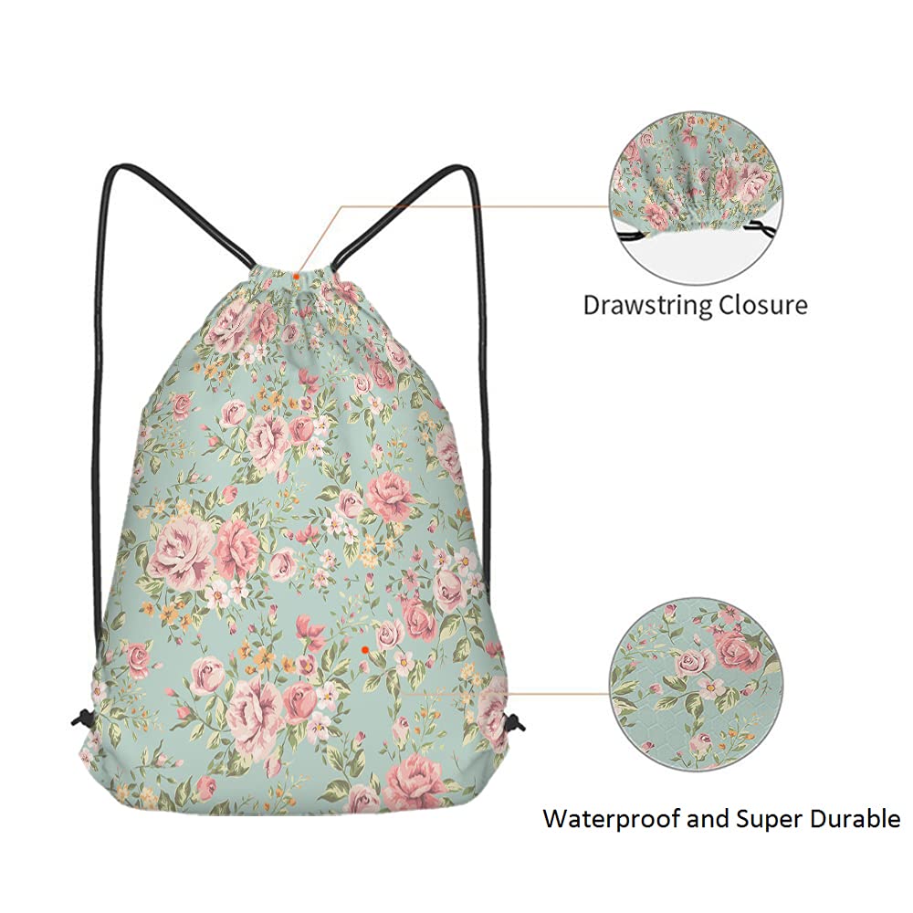 Beabes Pink Flowers Drawstring Bags Backpack Bag Vintage Floral Design Retro Blooming Summer Rose Peony Romantic Sport Gym Sack Drawstring Bag String Bag Yoga Bag for Men Women